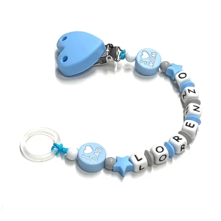 Babyjart Catenella portaciuccio silicone con nome, gancio/adattatore ciuccio MAM e CHICCO