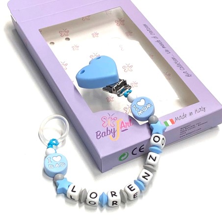 Babyjart Cadena de silicona para chupete con nombre, gancho / adaptador para chupete mam y modelo de chicco