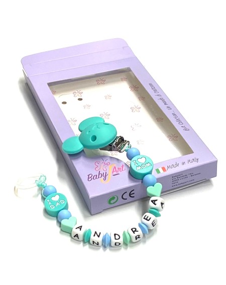 Babyjart Silikonschnullerkette mit Name, Haken / Adapter Schnuller MAM und CHICCO