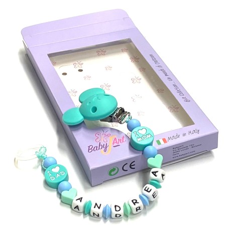 Babyjart Silikonschnullerkette mit Name, Haken / Adapter Schnuller MAM und CHICCO