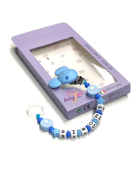 Babyjart Chaîne de tétine en silicone avec nom, crochet / adaptateur de tétine MAM et CHICCO