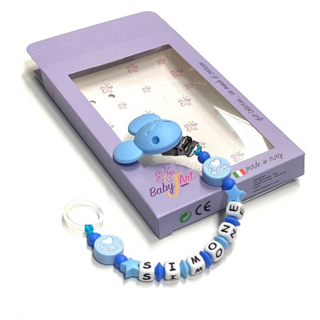 Babyjart Chaîne de tétine en silicone avec nom, crochet / adaptateur de tétine MAM et CHICCO