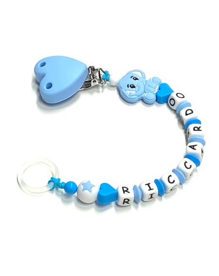 Babyjart Catenella portaciuccio silicone con nome, gancio/adattatore ciuccio MAM e CHICCO