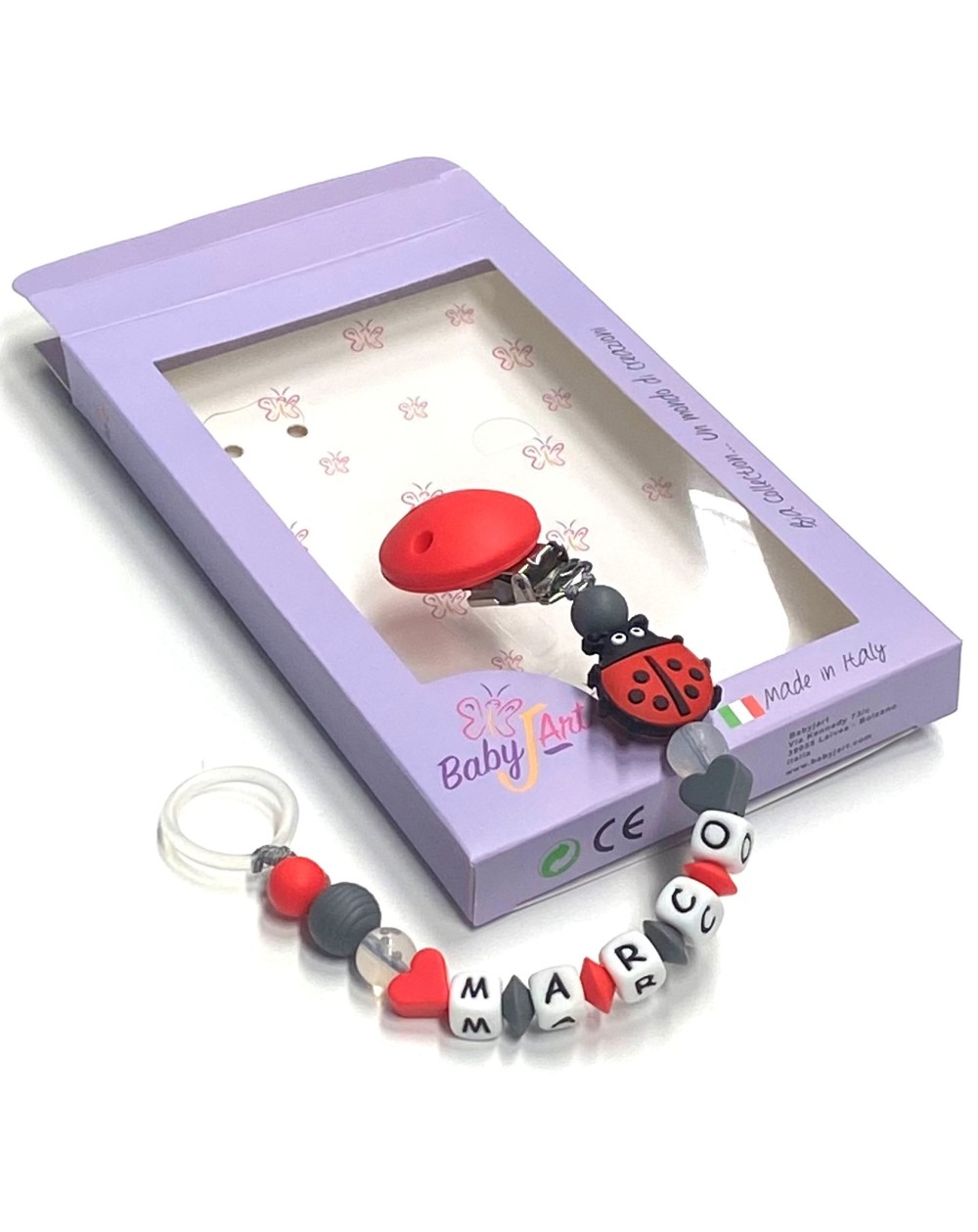 Babyjart Chaîne de tétine en silicone avec nom, crochet / adaptateur de tétine  MAM et CHICCO