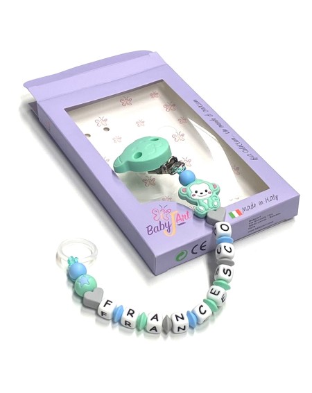 Babyjart Chaîne de tétine en silicone avec nom, crochet / adaptateur de tétine MAM et CHICCO