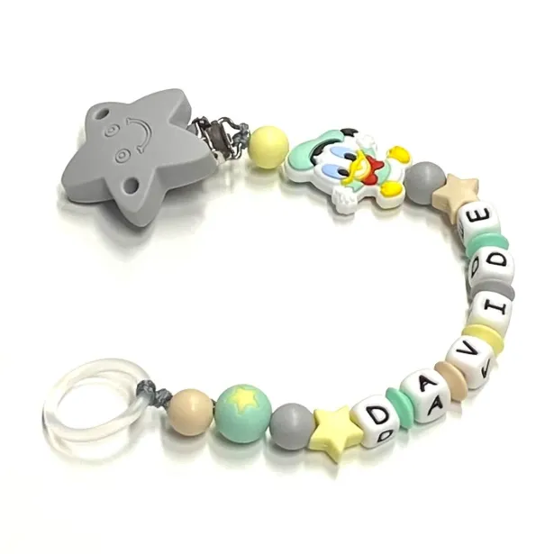 Babyjart Chaîne de tétine en silicone avec nom, crochet / adaptateur de tétine MAM et CHICCO