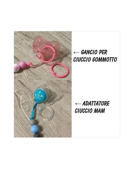 Babyjart Catenella portaciuccio silicone con nome, gancio/adattatore ciuccio MAM e CHICCO