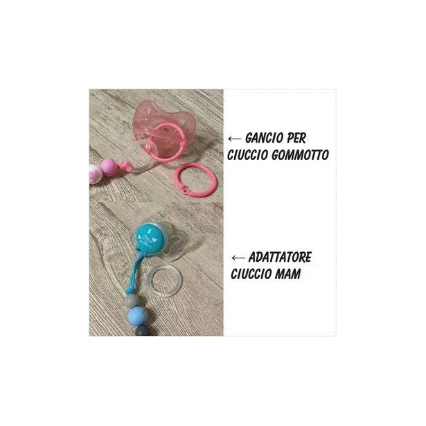 Babyjart Chaîne de tétine en silicone avec nom, crochet / adaptateur de tétine MAM et CHICCO