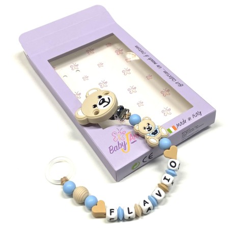 Babyjart Chaîne de tétine PRESTIGE MOSCHINO en silicone avec nom, crochet / adaptateur de tétine MAM et CHICCO