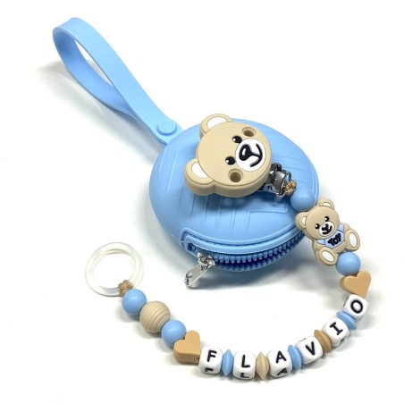 Babyjart Cadeia de chupeta PRESTIGE MOSCHINO de silicone com nome, adaptador / gancho de chupeta MAM e modelo CHICCO