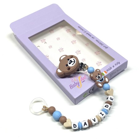 Babyjart Cadena PRESTIGE MOSCHINO de silicona para chupete con nombre, gancho / adaptador para chupete mam y modelo de chicco