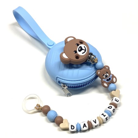 Babyjart Catenella portaciuccio PRESTIGE MOSCHINO in silicone con nome, gancio/adattatore ciuccio MAM e CHICCO