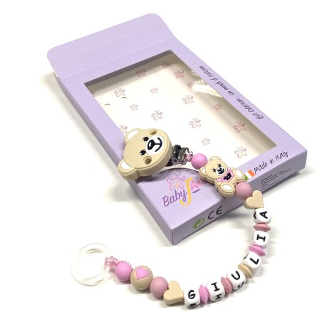 Babyjart Silikonschnullerkette PRESTIGE MOSCHINO mit Name, Haken / Adapter Schnuller MAM und CHICCO