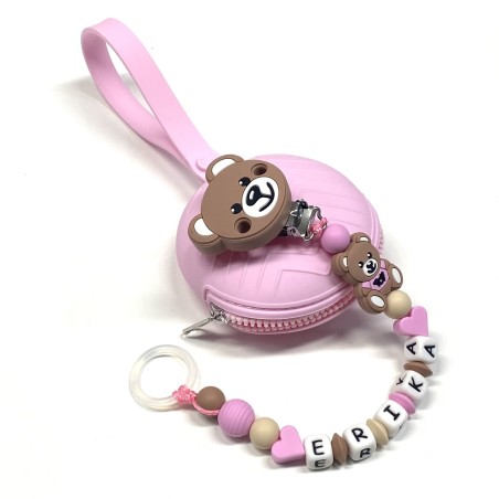 Babyjart Cadena PRESTIGE MOSCHINO de silicona para chupete con nombre, gancho / adaptador para chupete mam y modelo de chicco