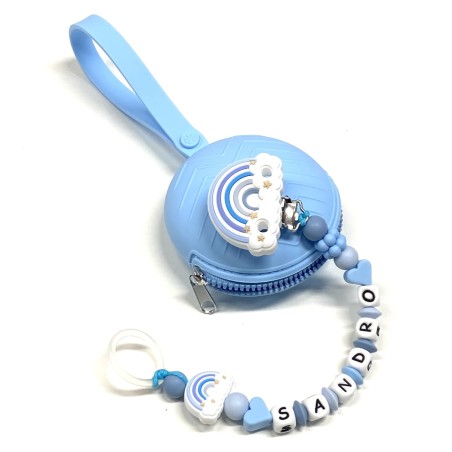 Babyjart Catenella portaciuccio PRESTIGE ARCOBALENO in silicone con nome, gancio/adattatore ciuccio MAM e CHICCO