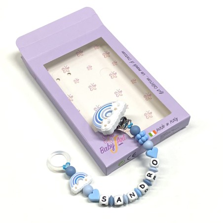 Babyjart Silikonschnullerkette PRESTIGE REGENBOGEN mit Name, Haken / Adapter Schnuller MAM und CHICCO