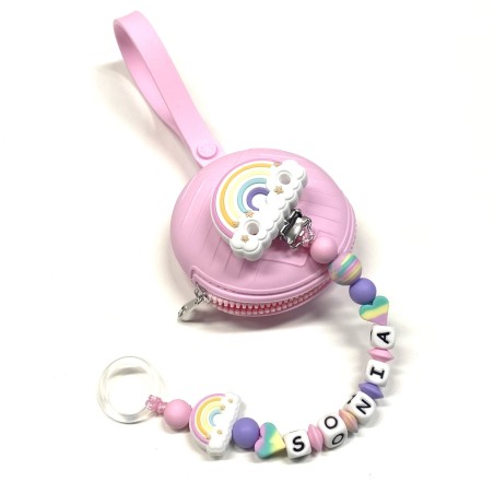 Babyjart Silikonschnullerkette PRESTIGE REGENBOGEN mit Name, Haken / Adapter Schnuller MAM und CHICCO