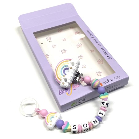 Babyjart Chaîne de tétine PRESTIGE ARC EN CIEL en silicone avec nom, crochet / adaptateur de tétine MAM et CHICCO