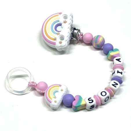 Babyjart silicone dummy chain PRESTIGE RAINBOW with name, hook / adapter pacifier MAM and CHICCO