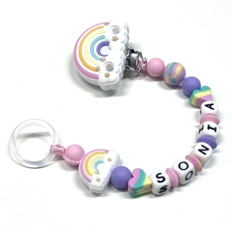 Babyjart Silikonschnullerkette PRESTIGE REGENBOGEN mit Name, Haken / Adapter Schnuller MAM und CHICCO