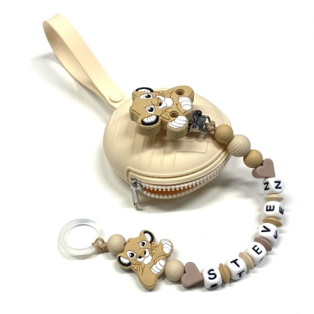 Babyjart silicone dummy chain PRESTIGE LION with name, hook / adapter pacifier MAM and CHICCO