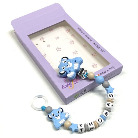 Babyjart silicone dummy chain PRESTIGE LION with name, hook / adapter pacifier MAM and CHICCO