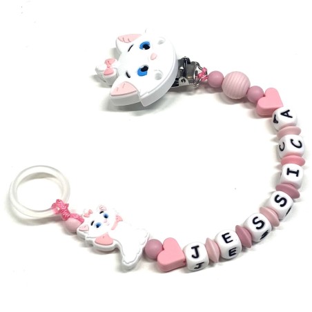 Babyjart silicone dummy chain PRESTIGE MINOU with name, hook / adapter pacifier MAM and CHICCO