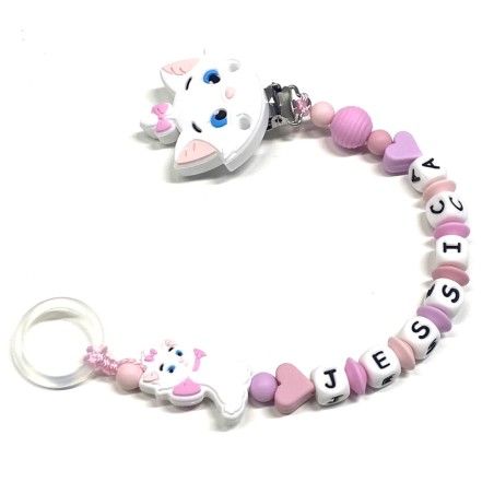 Babyjart silicone dummy chain PRESTIGE MINOU with name, hook / adapter pacifier MAM and CHICCO