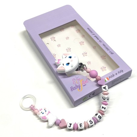 Babyjart Catenella portaciuccio PRESTIGE MINOU in silicone con nome, gancio/adattatore ciuccio MAM e CHICCO