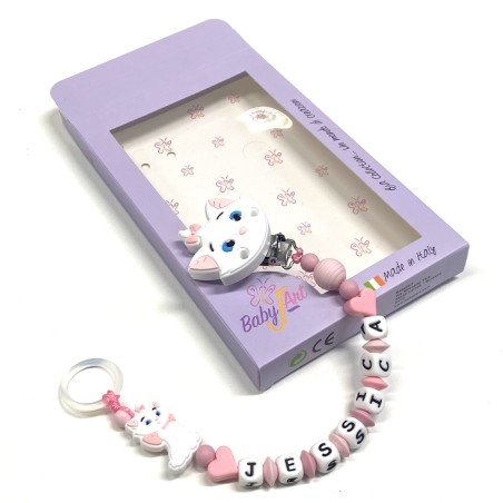 Babyjart Cadena PRESTIGE MINOU de silicona para chupete con nombre, gancho / adaptador para chupete mam y modelo de chicco