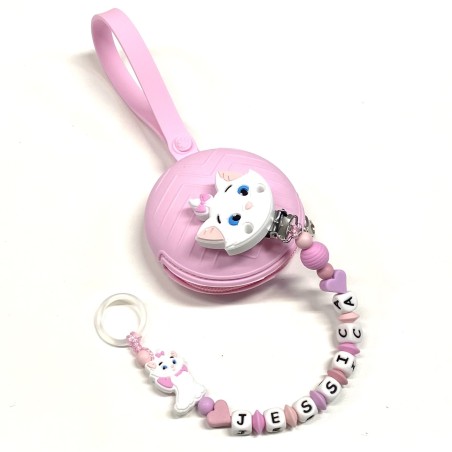 Babyjart Catenella portaciuccio PRESTIGE MINOU in silicone con nome, gancio/adattatore ciuccio MAM e CHICCO