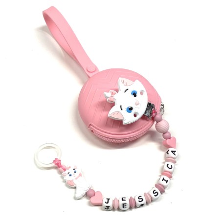 Babyjart Cadena PRESTIGE MINOU de silicona para chupete con nombre, gancho / adaptador para chupete mam y modelo de chicco