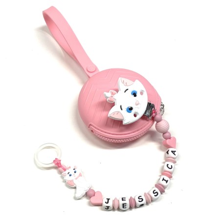 Babyjart silicone dummy chain PRESTIGE MINOU with name, hook / adapter pacifier MAM and CHICCO