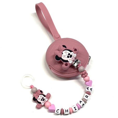 Babyjart Chaîne de tétine PRESTIGE MINNIE en silicone avec nom, crochet / adaptateur de tétine MAM et CHICCO