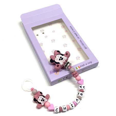 Babyjart Cadeia de chupeta PRESTIGE MINNIE de silicone com nome, adaptador / gancho de chupeta MAM e modelo CHICCO