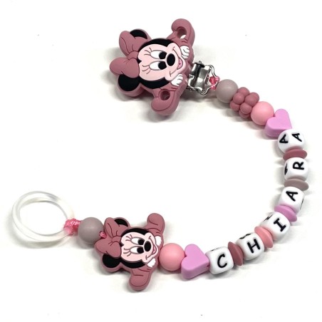 Babyjart Catenella portaciuccio PRESTIGE MINNIE in silicone con nome, gancio/adattatore ciuccio MAM e CHICCO