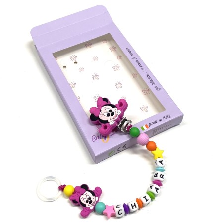 Babyjart Catenella portaciuccio PRESTIGE MINNIE in silicone con nome, gancio/adattatore ciuccio MAM e CHICCO