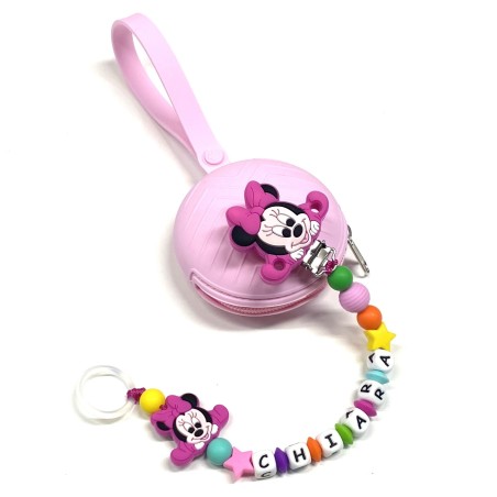 Babyjart Cadeia de chupeta PRESTIGE MINNIE de silicone com nome, adaptador / gancho de chupeta MAM e modelo CHICCO