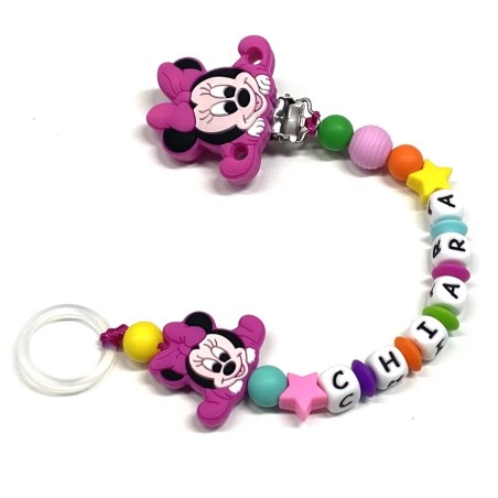 Babyjart Cadeia de chupeta PRESTIGE MINNIE de silicone com nome, adaptador / gancho de chupeta MAM e modelo CHICCO