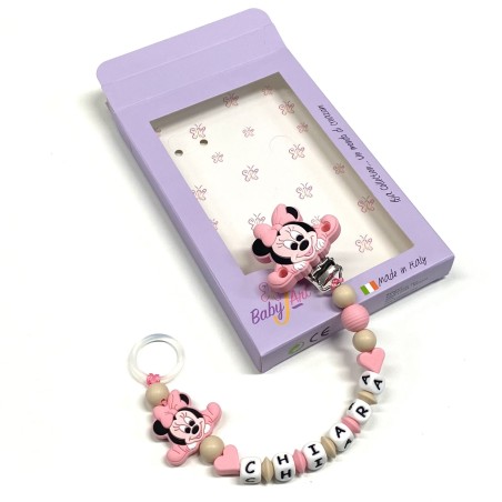 Babyjart Catenella portaciuccio PRESTIGE MINNIE in silicone con nome, gancio/adattatore ciuccio MAM e CHICCO