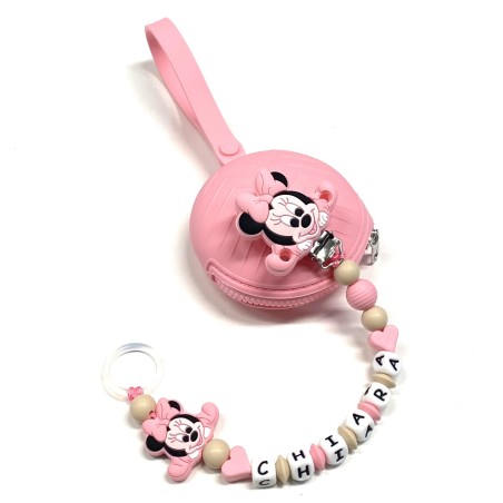 Babyjart Catenella portaciuccio PRESTIGE MINNIE in silicone con nome, gancio/adattatore ciuccio MAM e CHICCO