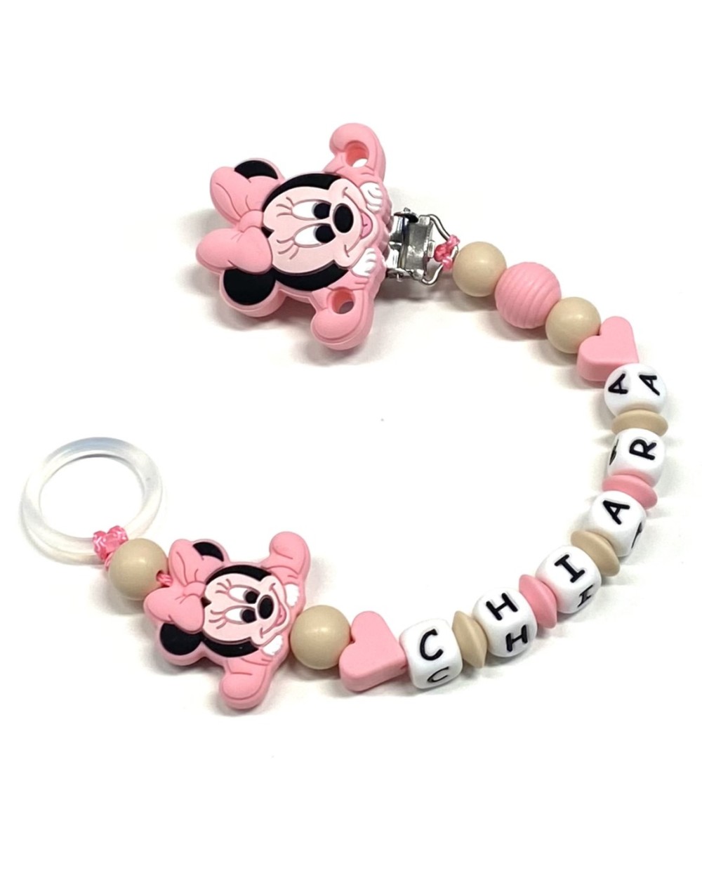 Babyjart Catenella portaciuccio PRESTIGE MINNIE in silicone con nome,  gancio/adattatore ciuccio MAM e CHICCO