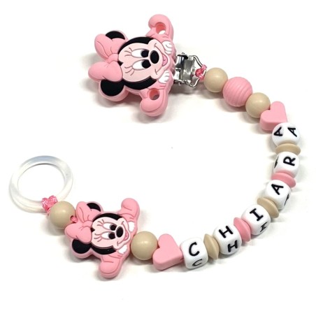 Babyjart Catenella portaciuccio PRESTIGE MINNIE in silicone con nome, gancio/adattatore ciuccio MAM e CHICCO