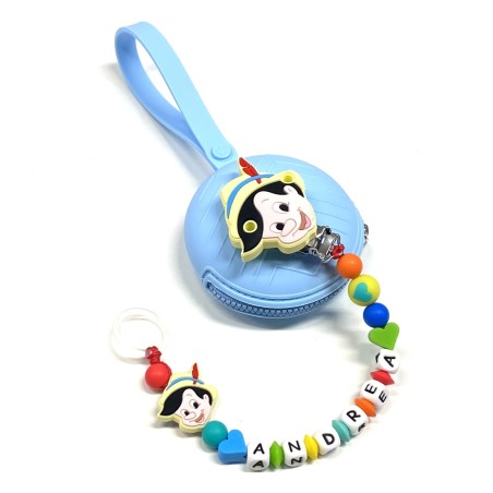 Babyjart Catenella portaciuccio PRESTIGE PINOCCHIO in silicone con nome, gancio/adattatore ciuccio MAM e CHICCO