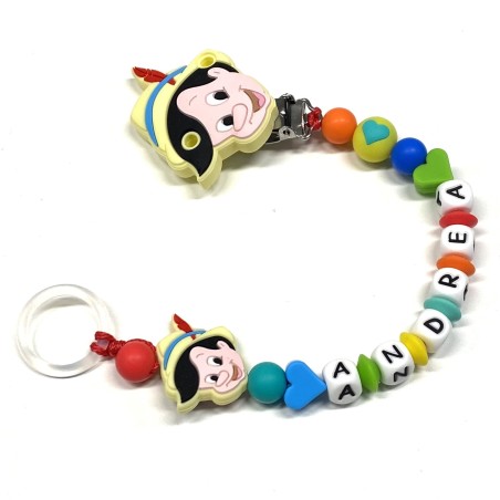 Babyjart Catenella portaciuccio PRESTIGE PINOCCHIO in silicone con nome, gancio/adattatore ciuccio MAM e CHICCO