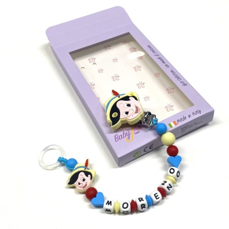 Babyjart Catenella portaciuccio PRESTIGE PINOCCHIO in silicone con nome, gancio/adattatore ciuccio MAM e CHICCO