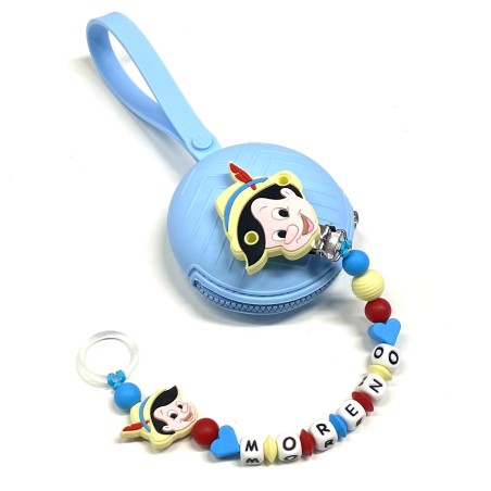 Babyjart Cadeia de chupeta PRESTIGE PINOCCHIO de silicone com nome, adaptador / gancho de chupeta MAM e modelo CHICCO