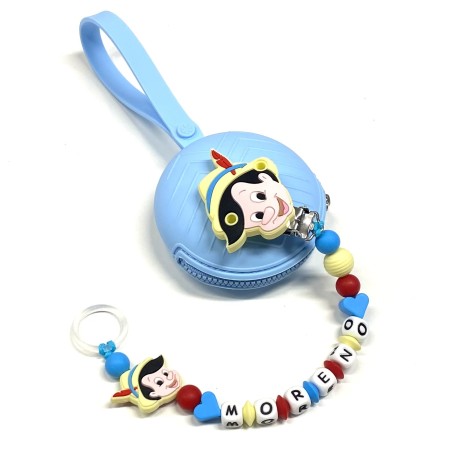 Babyjart silicone dummy chain PRESTIGE PINOCCHIO with name, hook / adapter pacifier MAM and CHICCO