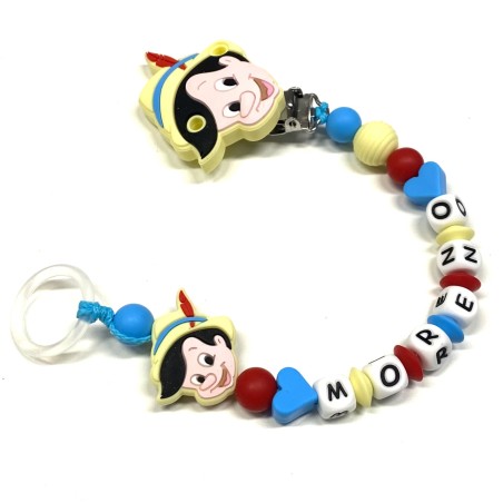 Babyjart Catenella portaciuccio PRESTIGE PINOCCHIO in silicone con nome, gancio/adattatore ciuccio MAM e CHICCO