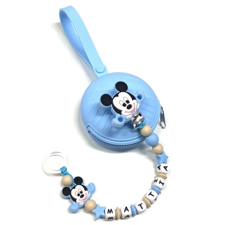 Babyjart Chaîne de tétine PRESTIGE MICKEY MOUSE en silicone avec nom, crochet/adaptateur de tétine MAM et CHICCO